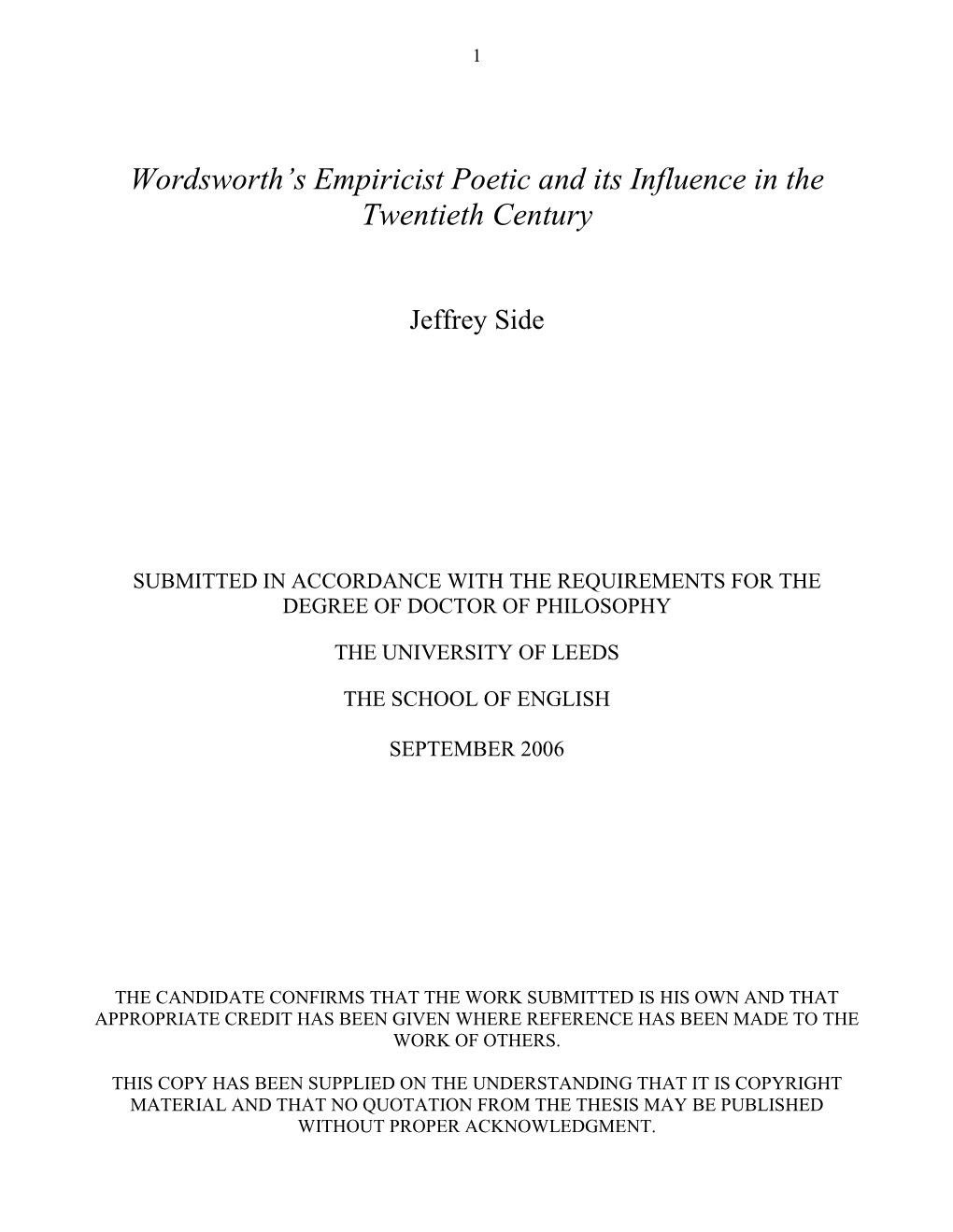 Wordsworth's Empiricist Poetic and Its Influence in the Twentieth Century