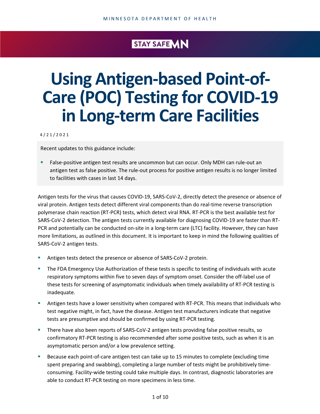 (POC) Testing for COVID-19 in Long-Term Care Facilities