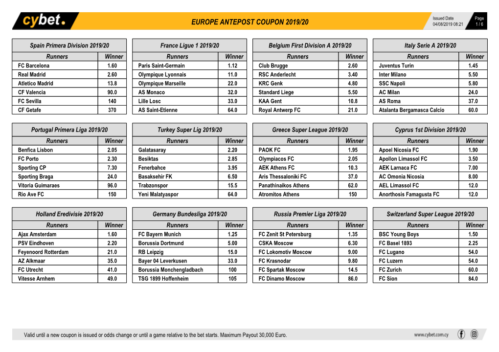 Europe Antepost Coupon 2019/20 04/08/2019 08:21 1 / 6