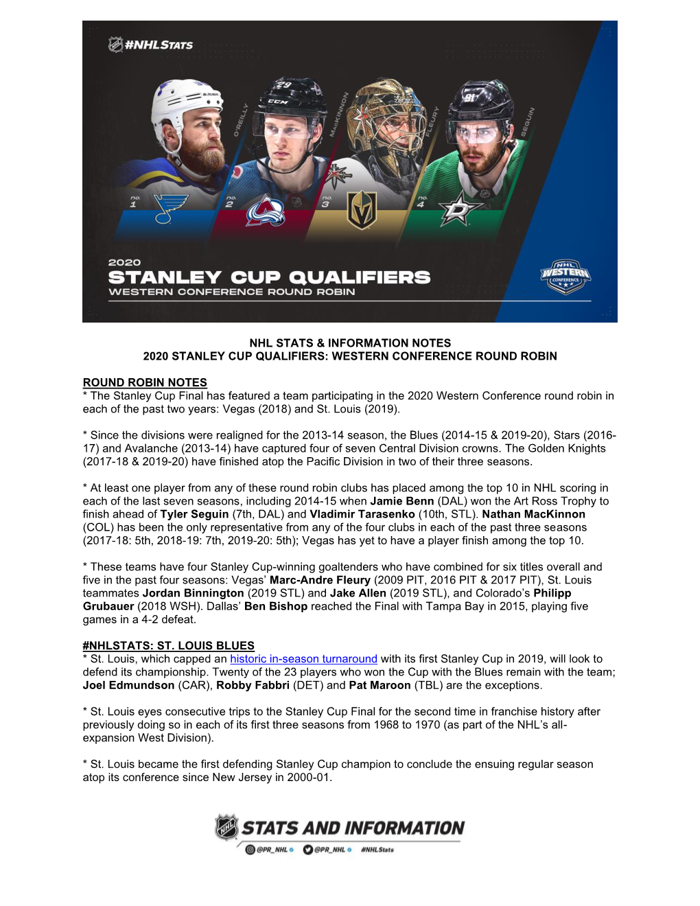 Nhl Stats & Information Notes 2020 Stanley Cup Qualifiers