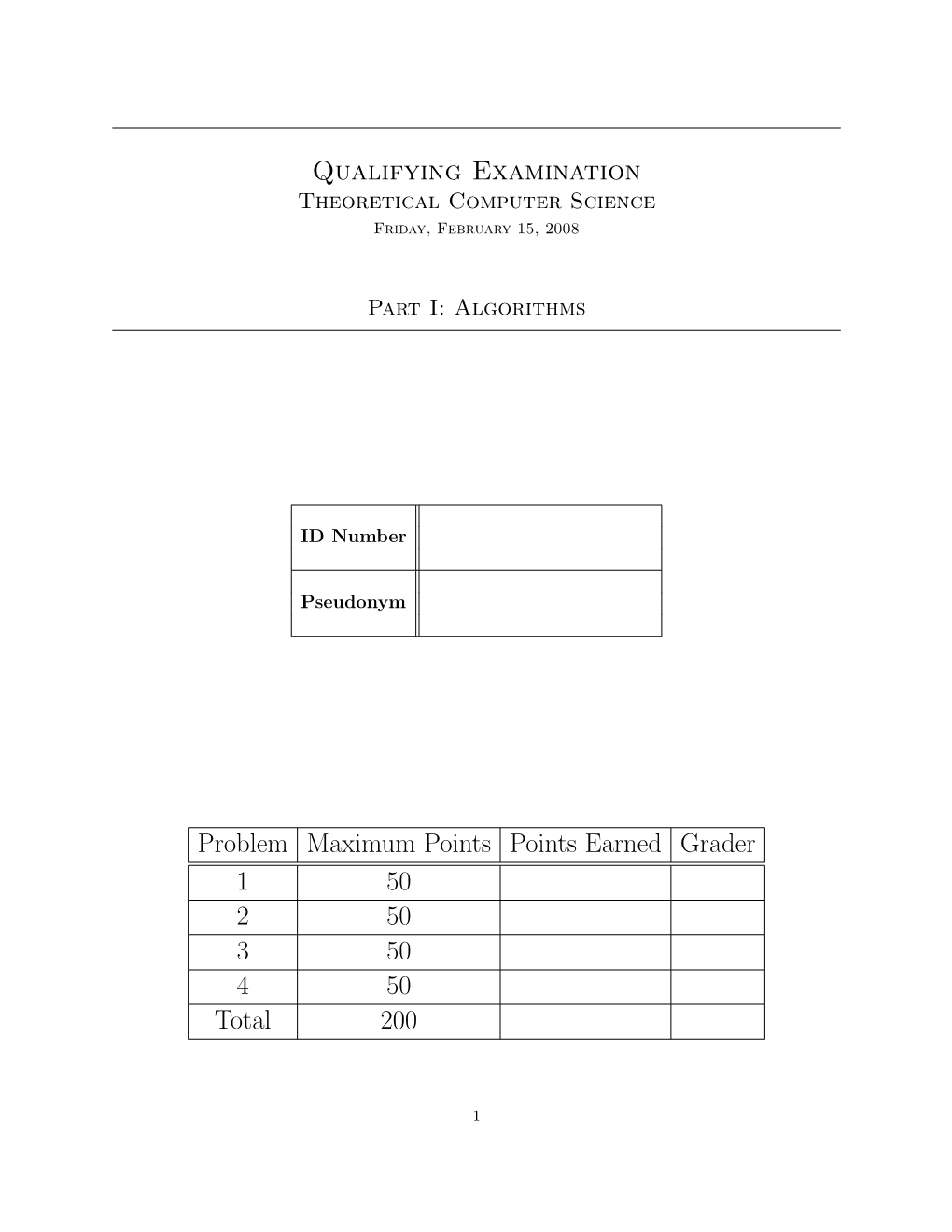 Qualifying Examination Problem Maximumpoints Pointsearned