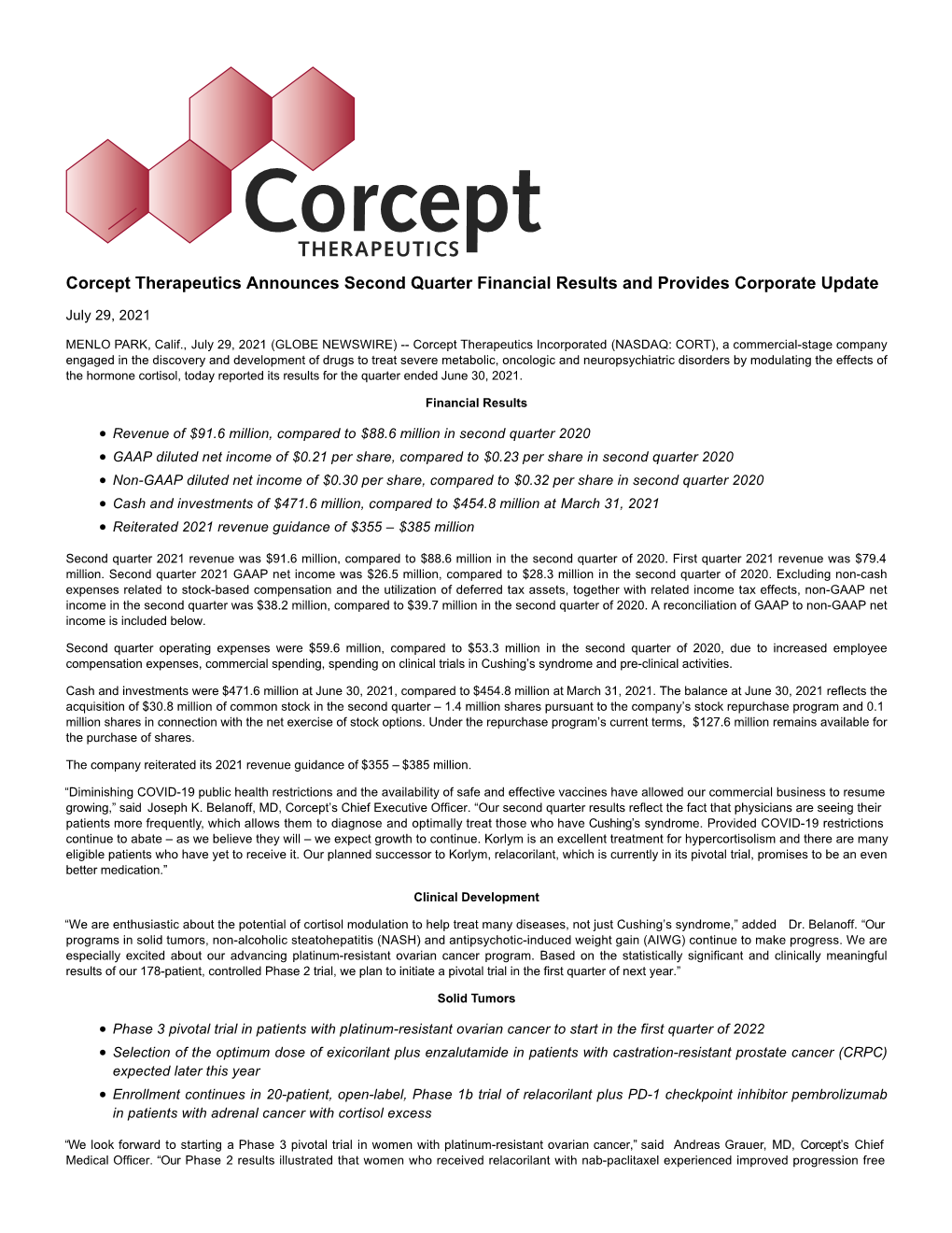 Corcept Therapeutics Announces Second Quarter Financial Results and Provides Corporate Update