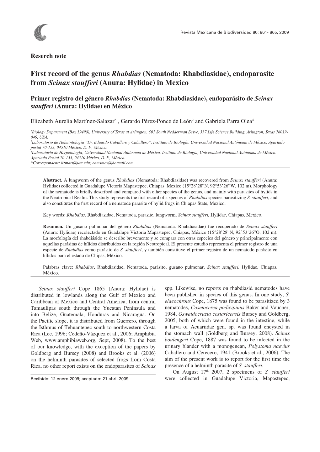 First Record of the Genus Rhabdias (Nematoda: Rhabdiasidae), Endoparasite from Scinax Staufferi (Anura: Hylidae) in Mexico