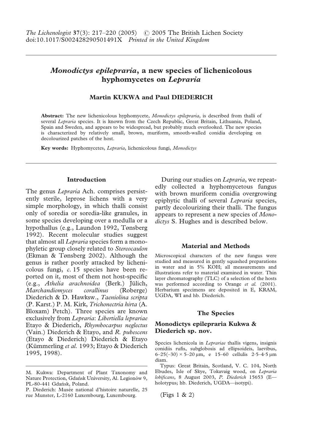 Monodictys Epilepraria , a New Species of Lichenicolous