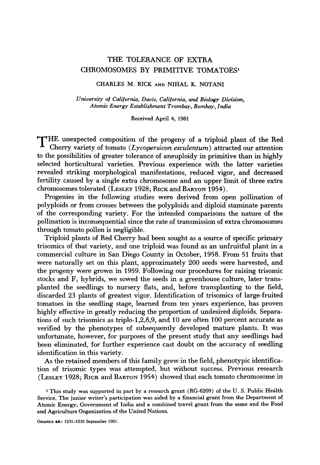 The Tolerance of Extra Chromosomes by Primitive Tomatoes