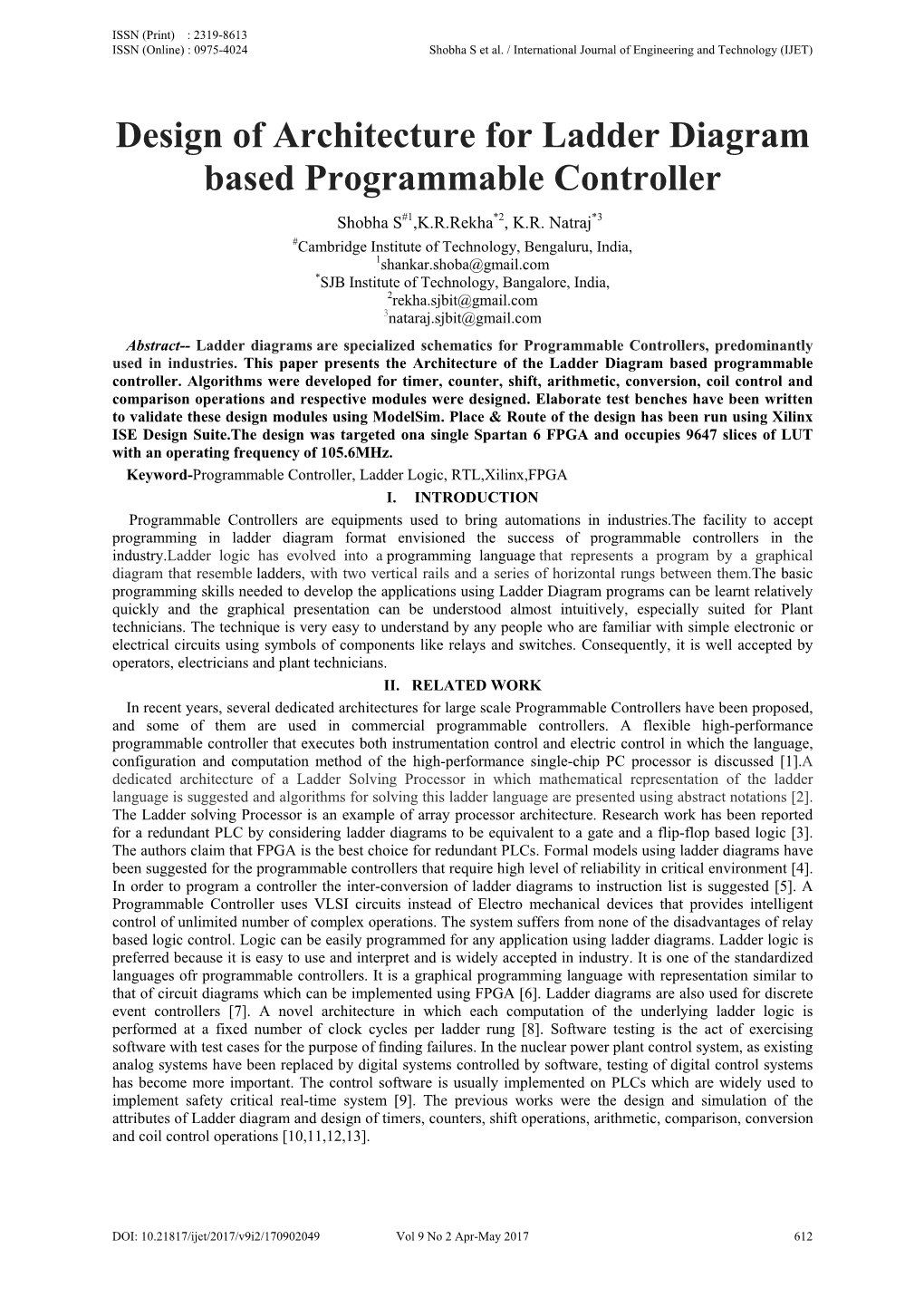 Design of Architecture for Ladder Diagram Based Programmable Controller