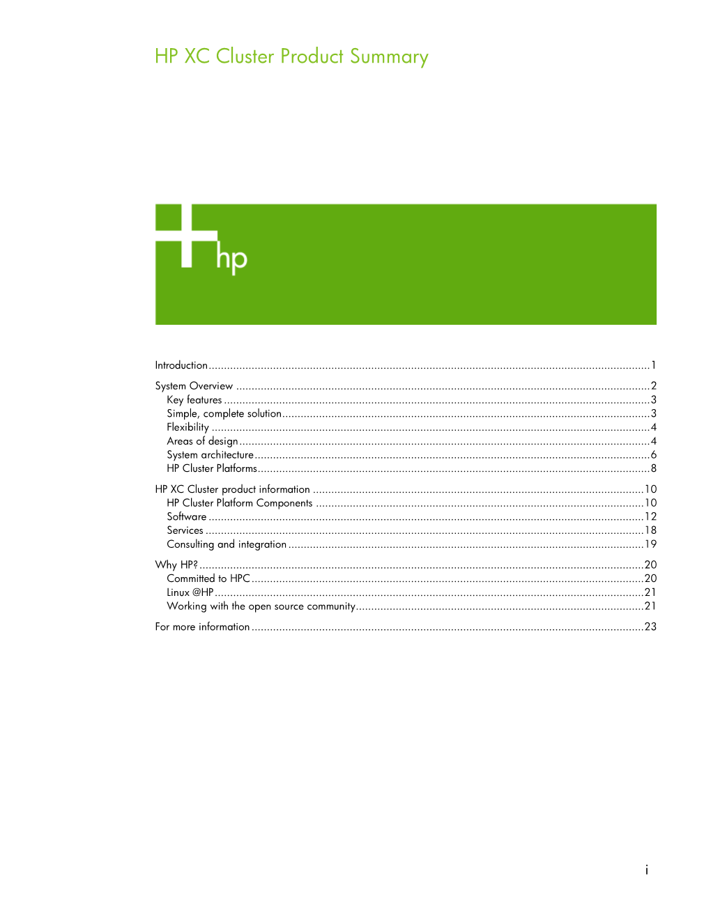 HP XC Cluster Product Summary