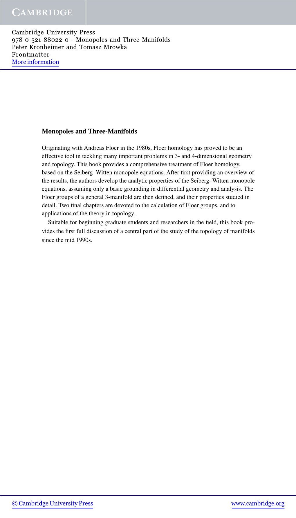 Monopoles and Three-Manifolds Peter Kronheimer and Tomasz Mrowka Frontmatter More Information