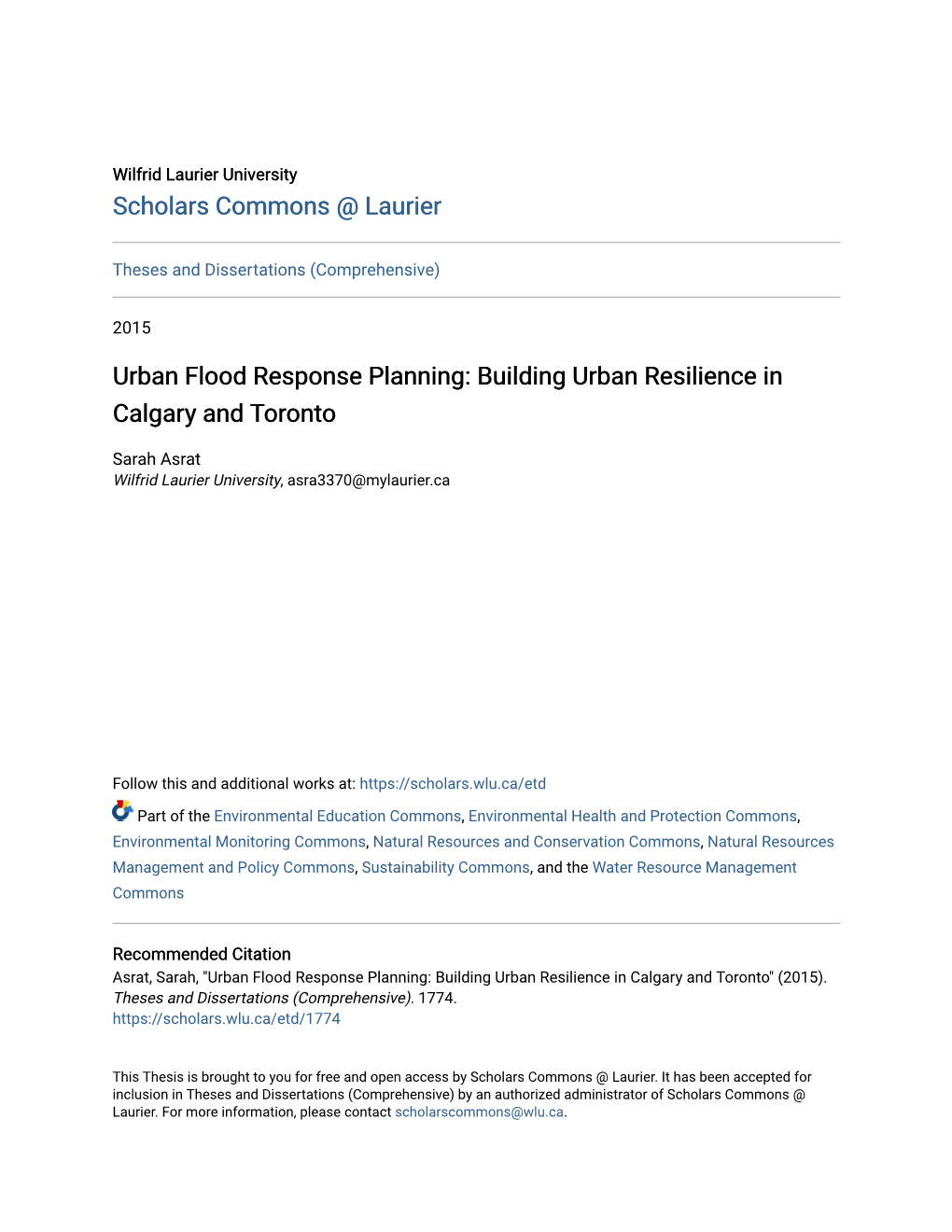 Urban Flood Response Planning: Building Urban Resilience in Calgary and Toronto