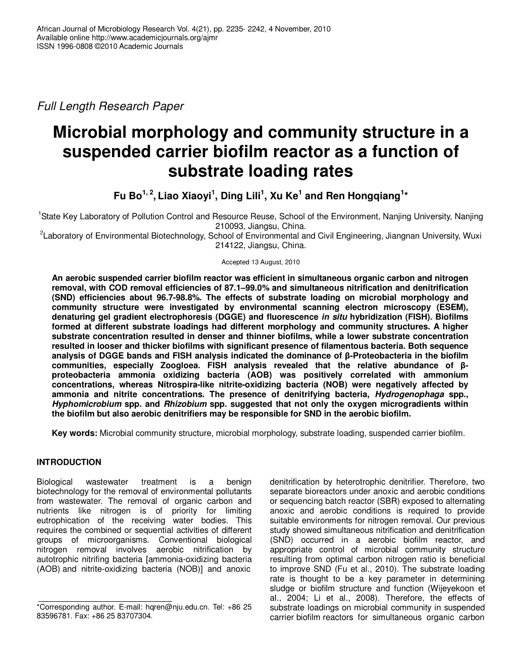 Microbial Morphology and Community Structure in a Suspended Carrier Biofilm Reactor As a Function of Substrate Loading Rates