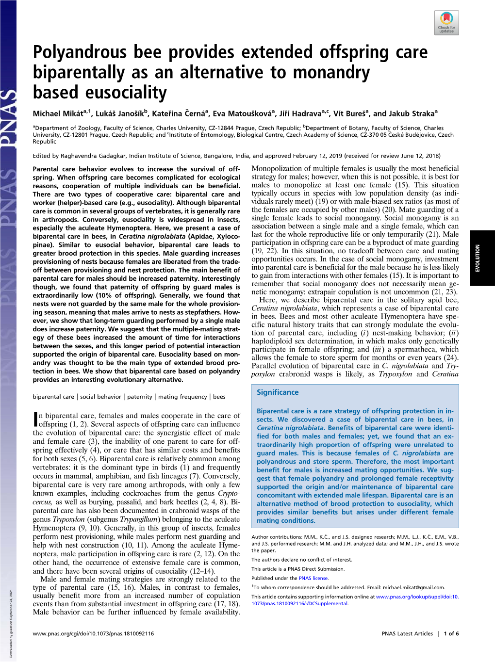 Polyandrous Bee Provides Extended Offspring Care Biparentally As an Alternative to Monandry Based Eusociality