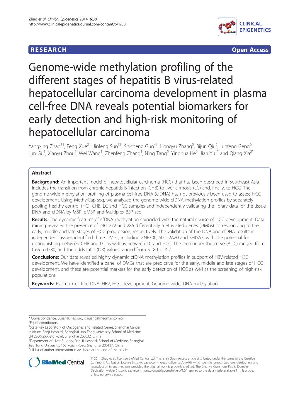 Genome-Wide Methylation Profiling of the Different Stages of Hepatitis B Virus-Related Hepatocellular Carcinoma Development in P