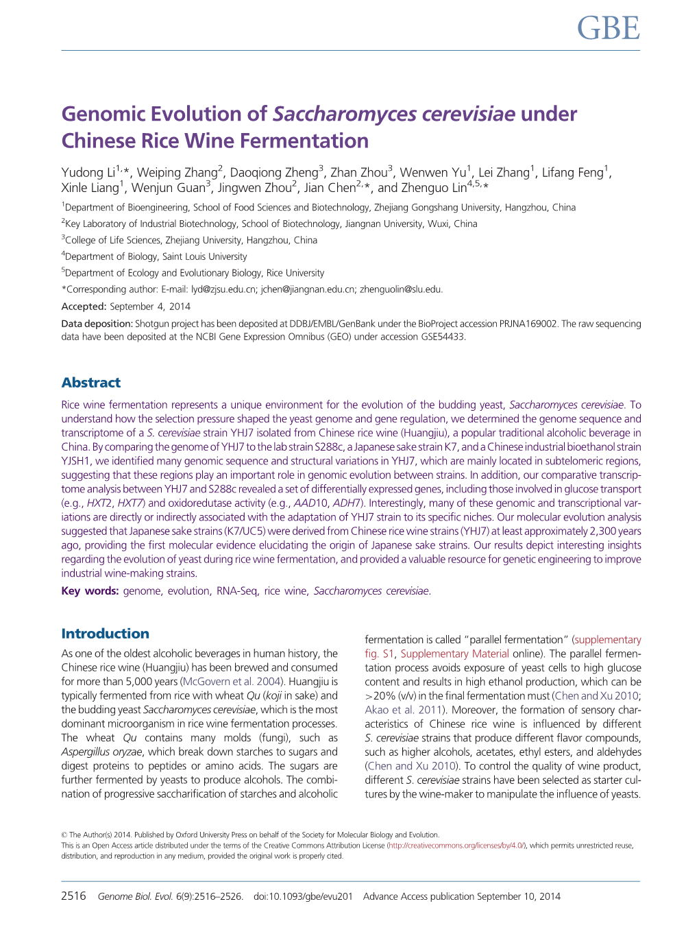Genomic Evolution of Saccharomyces Cerevisiae Under Chinese Rice Wine Fermentation