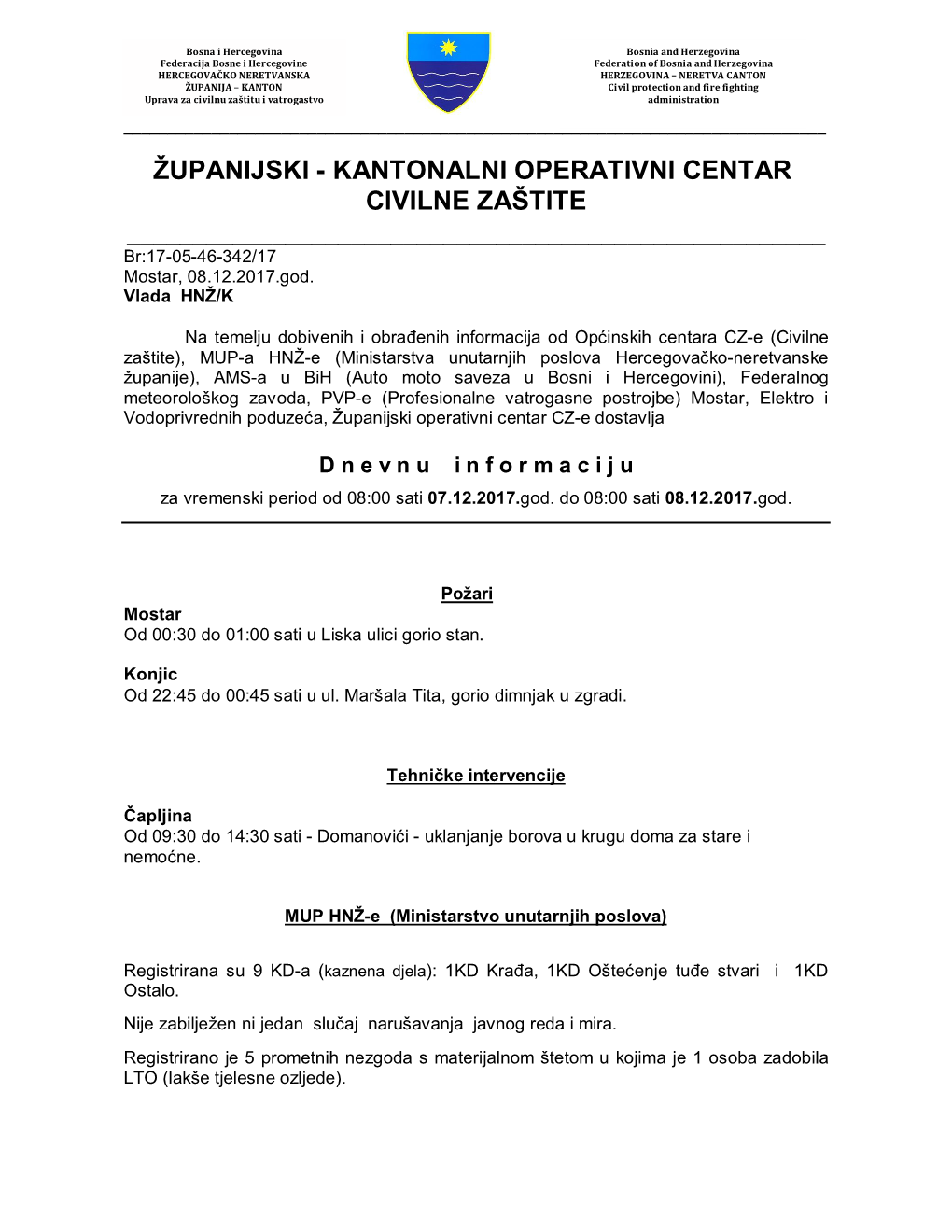 Županijski Operativni Centar CZ - E Dostavlja