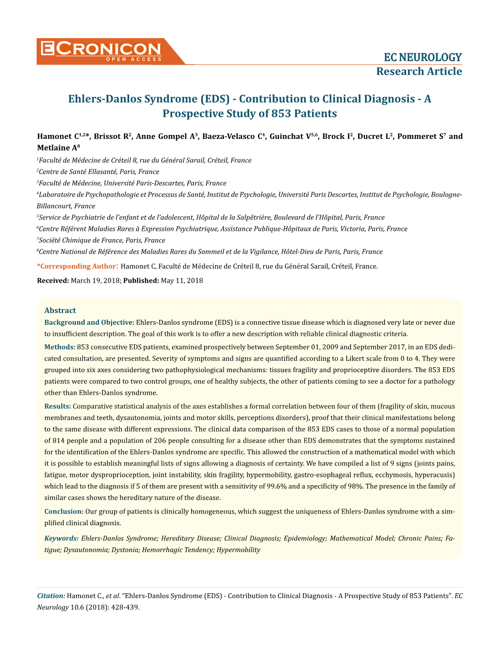 Ehlers-Danlos Syndrome (EDS) - Contribution to Clinical Diagnosis - a Prospective Study of 853 Patients