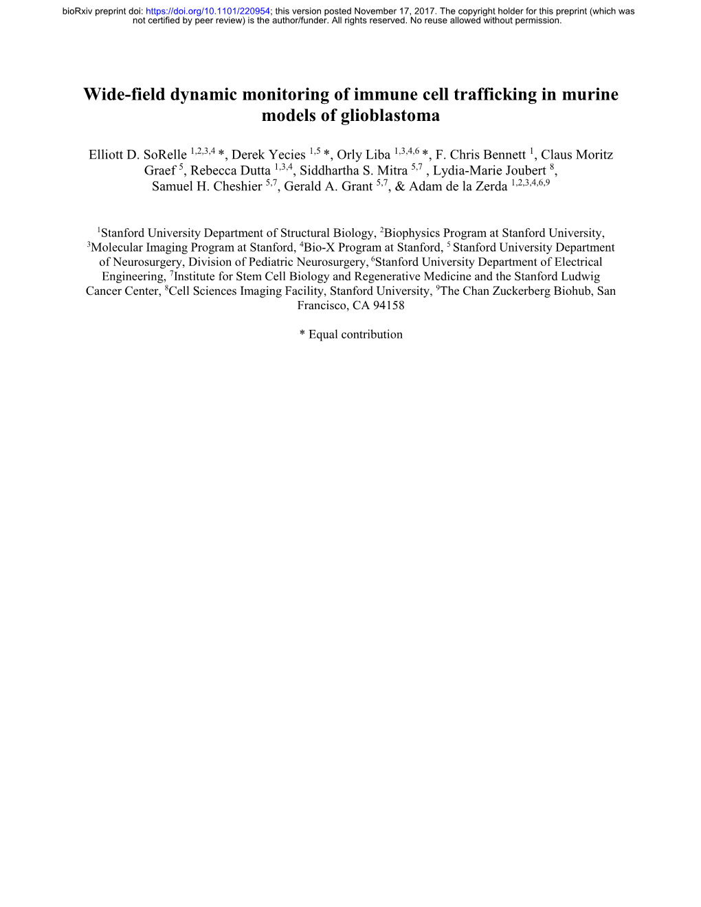 Wide-Field Dynamic Monitoring of Immune Cell Trafficking in Murine Models of Glioblastoma