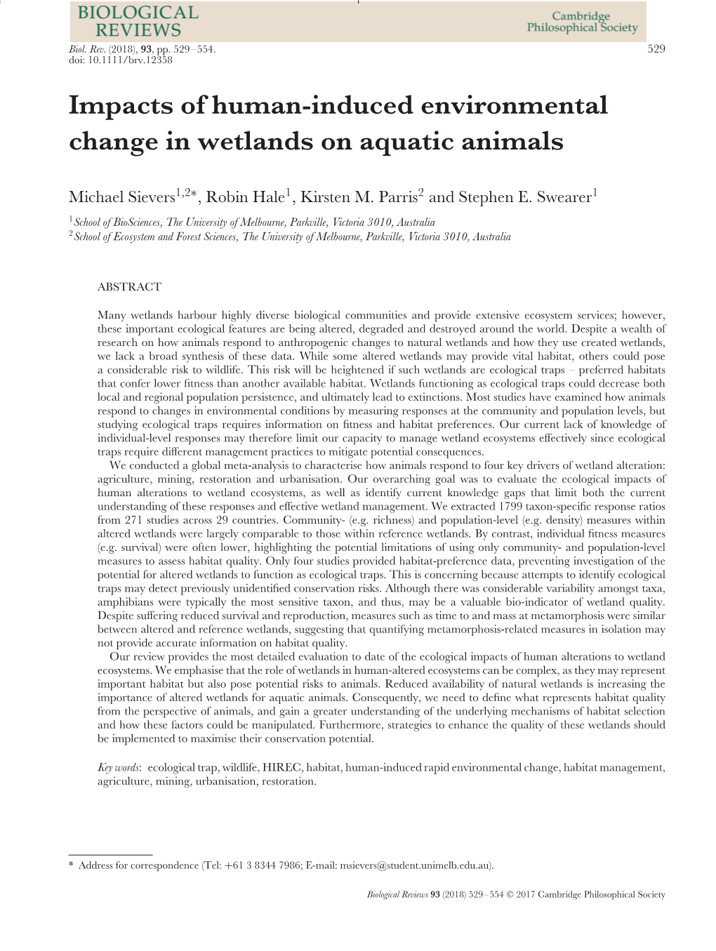 Impacts of Human-Induced Environmental Change in Wetlands on Aquatic Animals