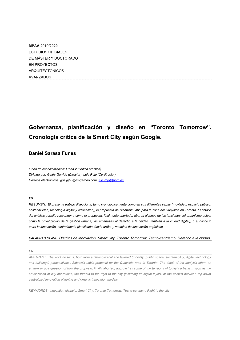 Toronto Tomorrow”. Cronología Crítica De La Smart City Según Google.”