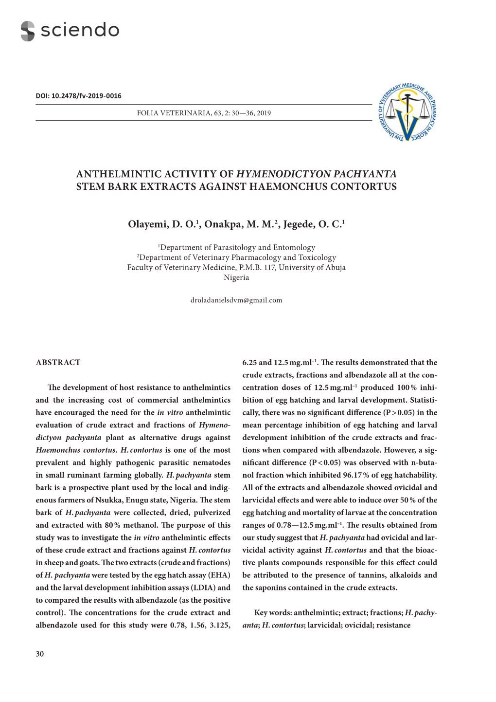 Anthelmintic Activity of Hymenodictyon Pachyanta Stem Bark Extracts Against Haemonchus Contortus