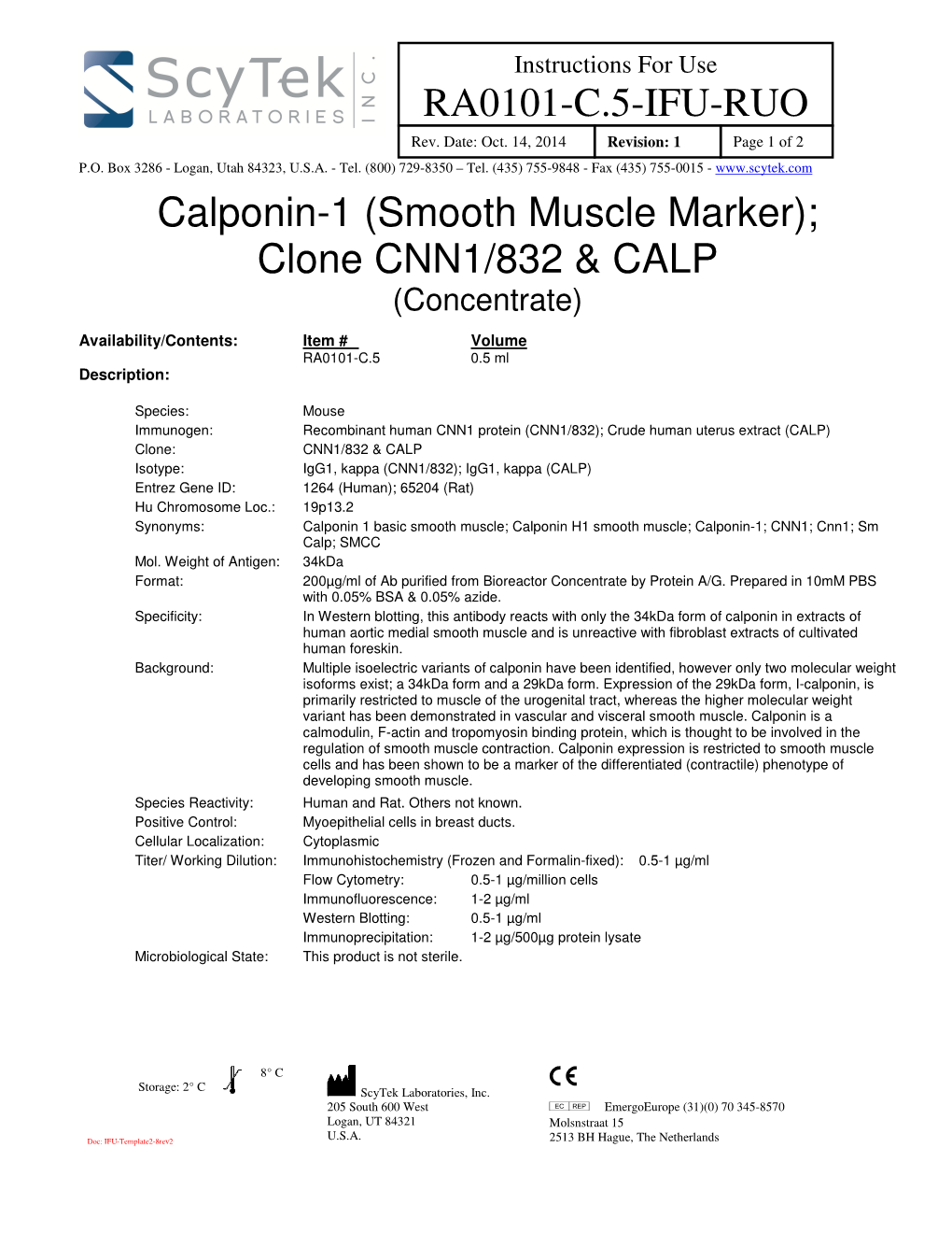 RA0101-C.5-IFU-RUO Calponin-1 (Smooth Muscle Marker); Clone