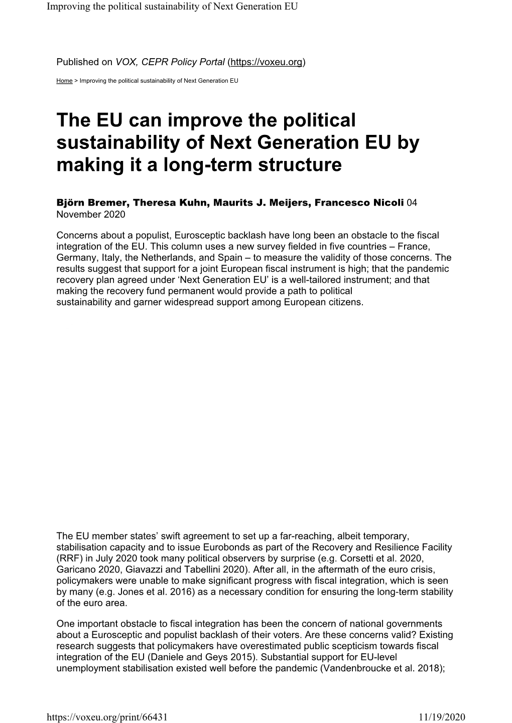 The EU Can Improve the Political Sustainability of Next Generation EU by Making It a Long-Term Structure