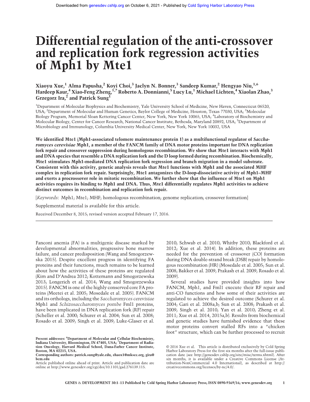 Differential Regulation of the Anti-Crossover and Replication Fork Regression Activities of Mph1 by Mte1