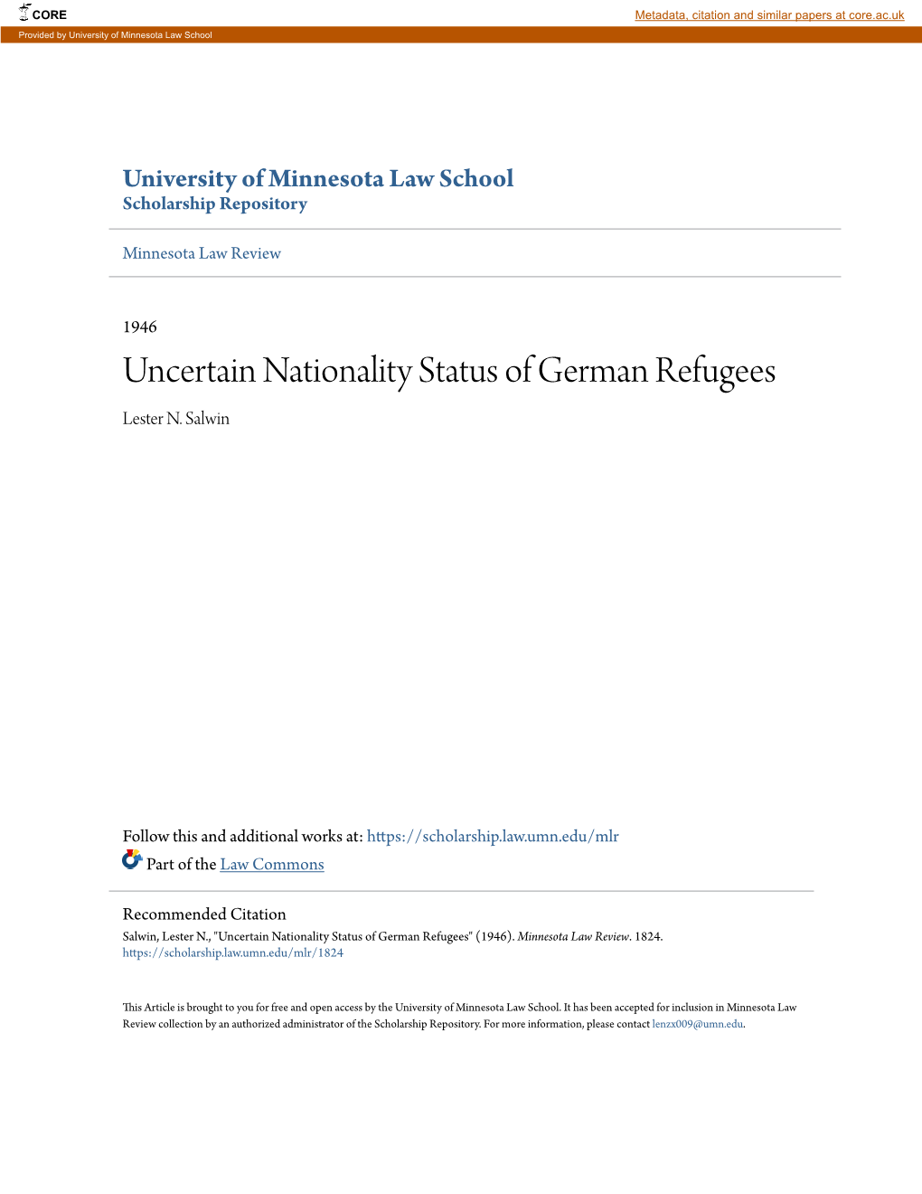 Uncertain Nationality Status of German Refugees Lester N