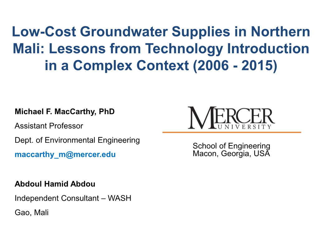 Low-Cost Groundwater Supplies in Northern Mali: Lessons from Technology Introduction in a Complex Context (2006 - 2015)