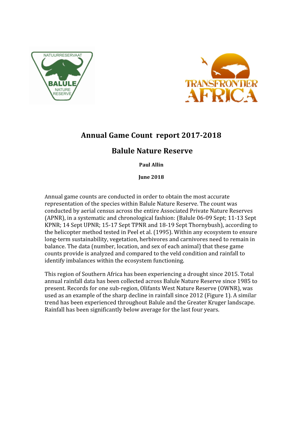 Annual Game Count Report 2017-2018 Balule Nature Reserve