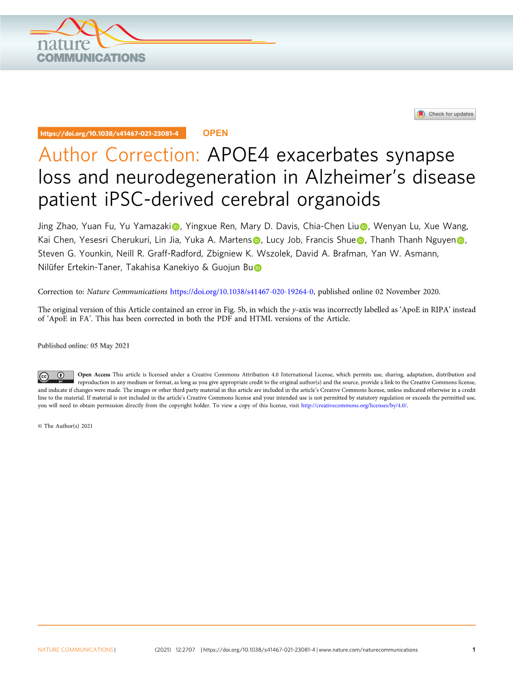 Author Correction: APOE4 Exacerbates Synapse Loss and Neurodegeneration in Alzheimer's Disease Patient Ipsc-Derived Cerebral Organoids