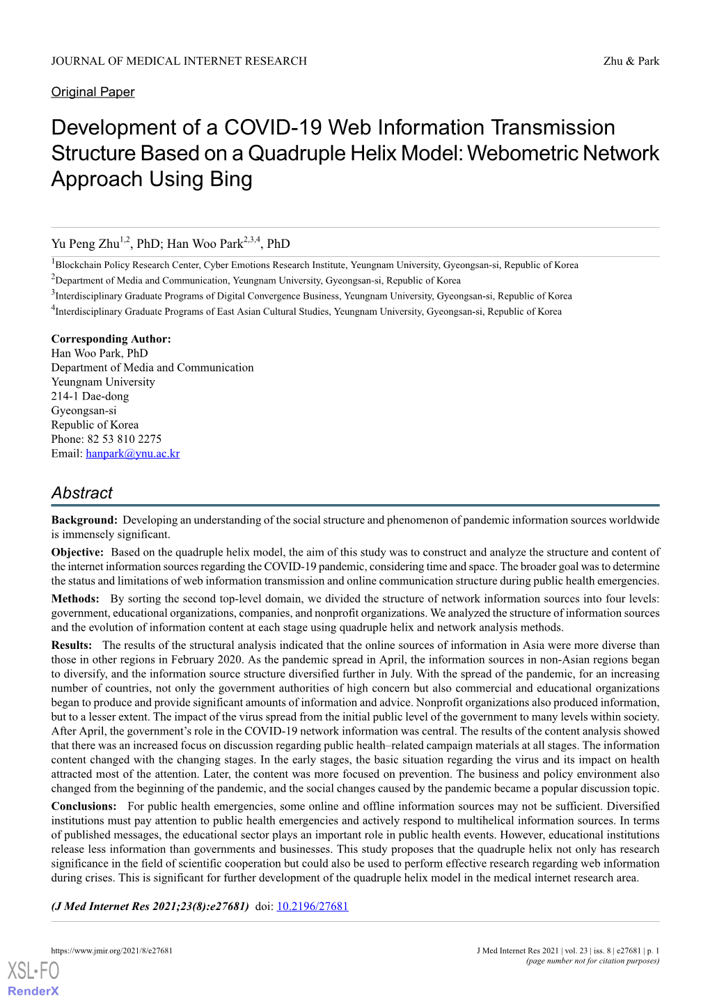 Development of a COVID-19 Web Information Transmission Structure Based on a Quadruple Helix Model: Webometric Network Approach Using Bing