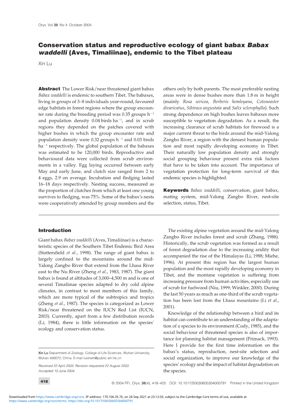 Conservation Status and Reproductive Ecology of Giant Babax Babax Waddelli (Aves, Timaliinae), Endemic to the Tibet Plateau