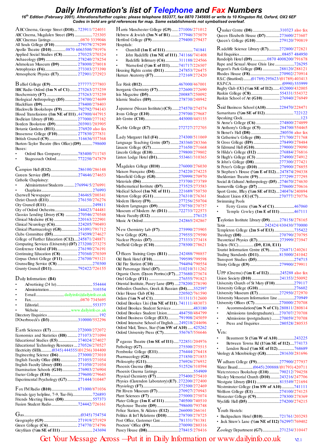 Daily Information's List of Telephone and Fax Numbers Get Your