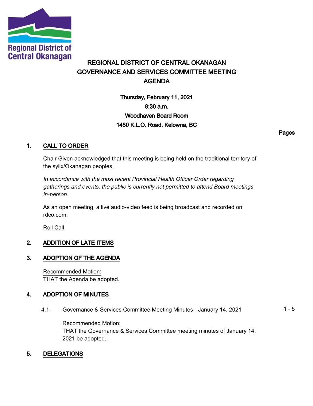 Regional District of Central Okanagan Governance and Services Committee Meeting Agenda