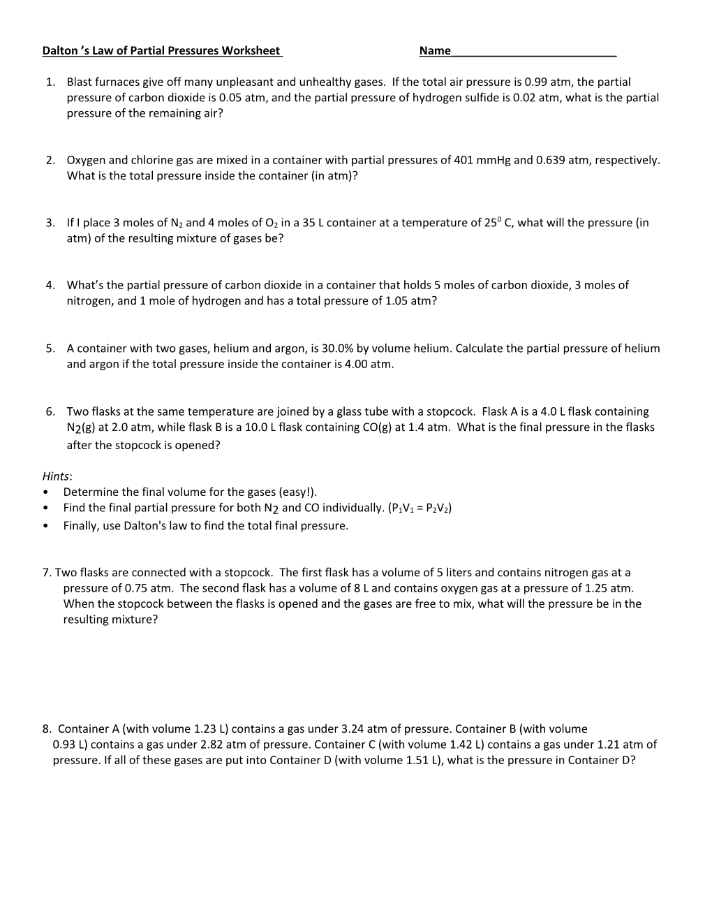 Dalton 'S Law of Partial Pressures Worksheet