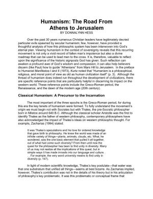 Humanism: the Road from Athens to Jerusalem by DONNALYNN HESS