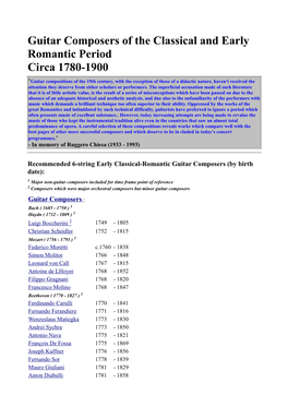 Guitar Composers of the Classical and Early Romantic Period Circa 1780-1900