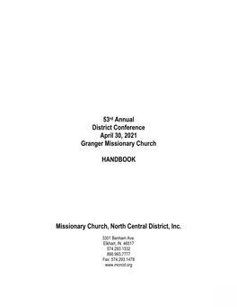 53Rd Annual District Conference April 30, 2021 Granger Missionary Church