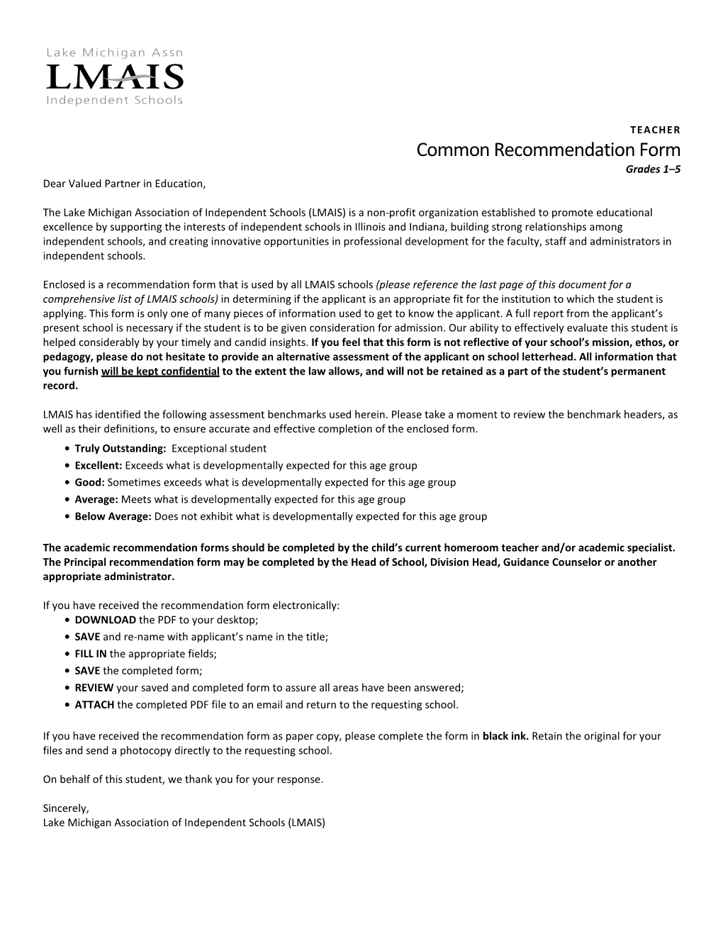 Recommendation Form Grades 1–5 Dear Valued Partner in Education