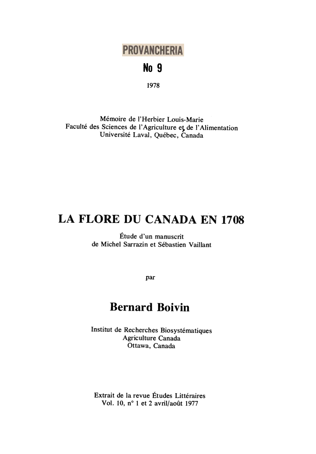 LA FLORE DU CANADA EN 1708 Bernard Boivin