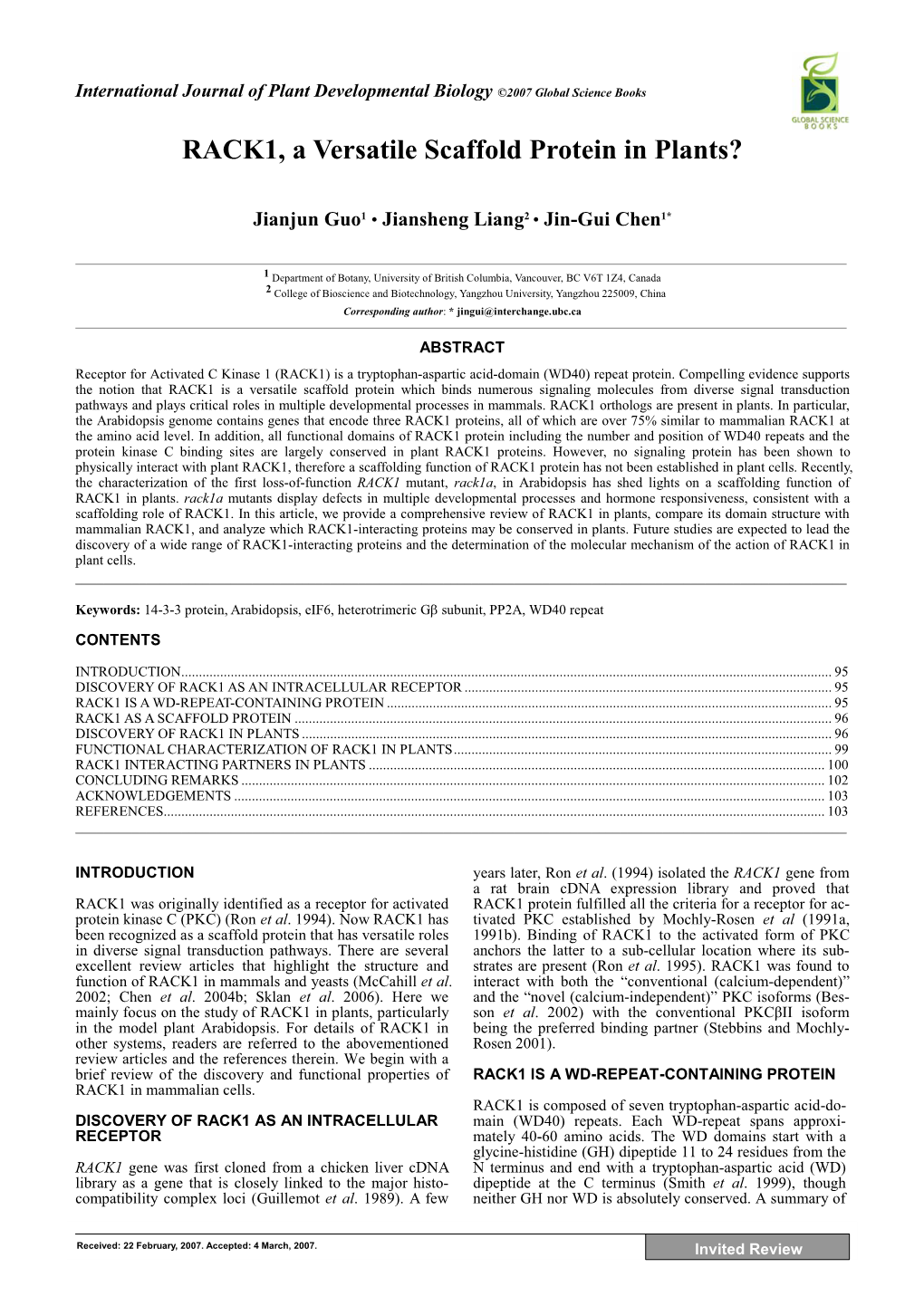 RACK1, a Versatile Scaffold Protein in Plants?