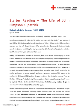 Starter Reading – the Life of John Simpson Kilpatrick Kirkpatrick, John Simpson (1892–1915) by G
