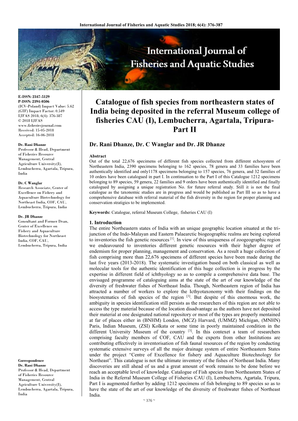 Catalogue of Fish Species from Northeastern States of India Being
