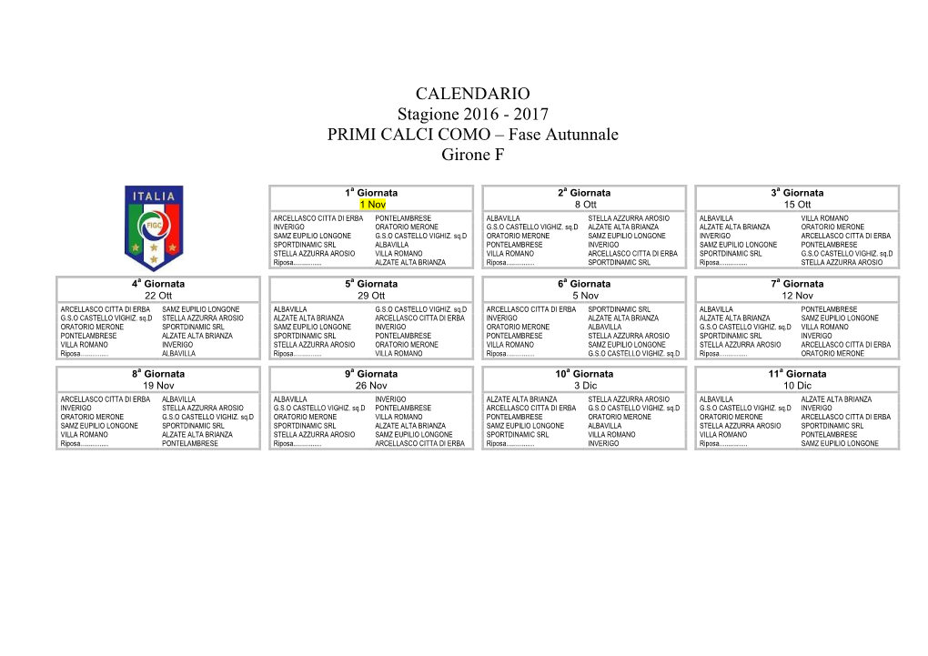 2017 PRIMI CALCI COMO – Fase Autunnale Girone F