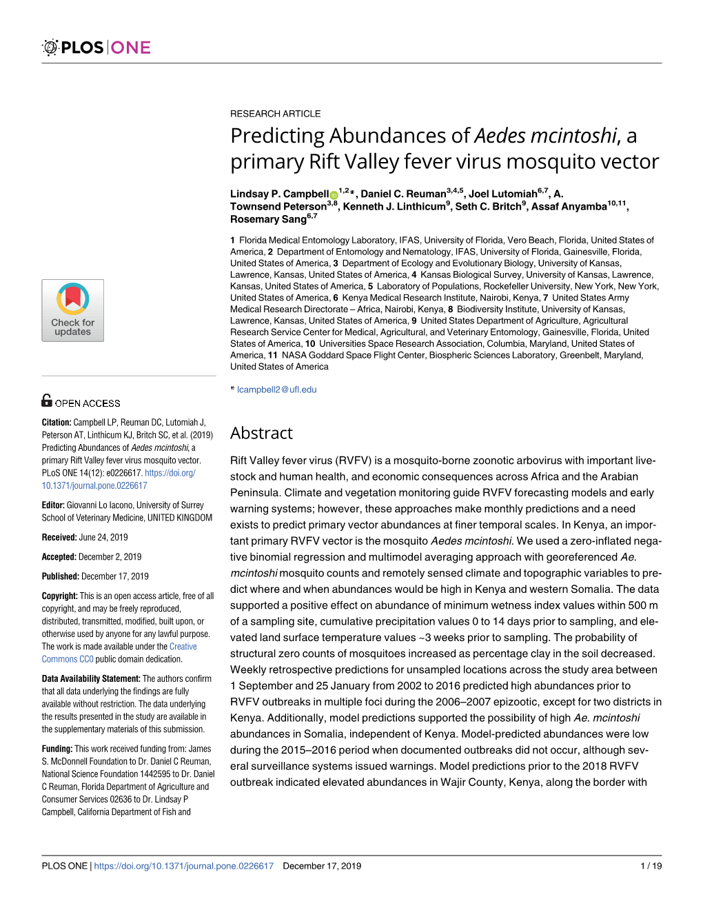 Predicting Abundances of Aedes Mcintoshi, a Primary Rift Valley Fever Virus Mosquito Vector
