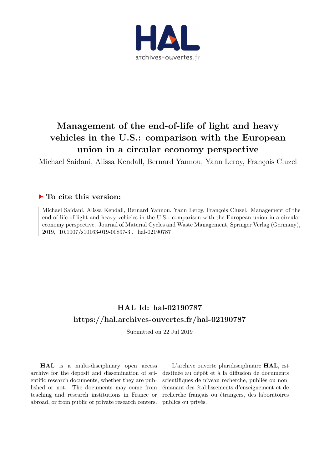Management of the End-Of-Life of Light and Heavy Vehicles in the U.S.: Comparison with the European Union in a Circular Economy