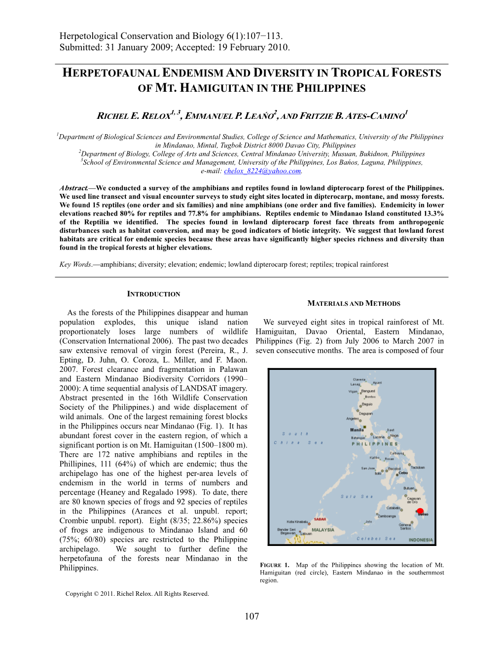 Herpetofaunal Endemism and Diversity in Tropical Forests of Mt