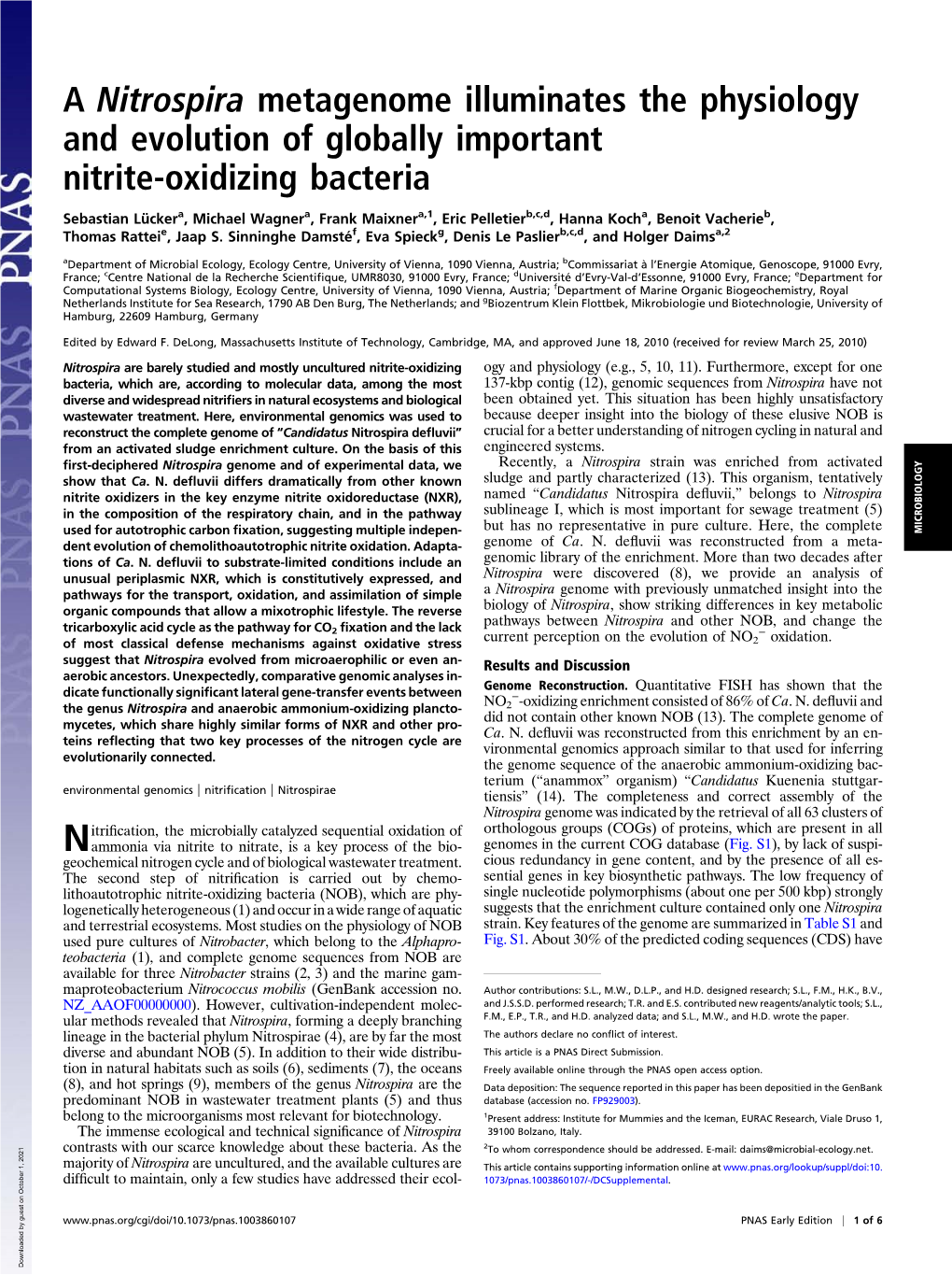 A Nitrospira Metagenome Illuminates the Physiology and Evolution of Globally Important Nitrite-Oxidizing Bacteria