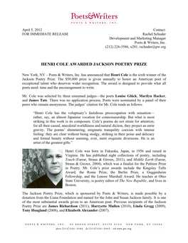 Henri Cole Awarded Jackson Poetry Prize