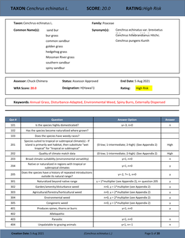 TAXON:Cenchrus Echinatus L. SCORE:20.0 RATING:High Risk
